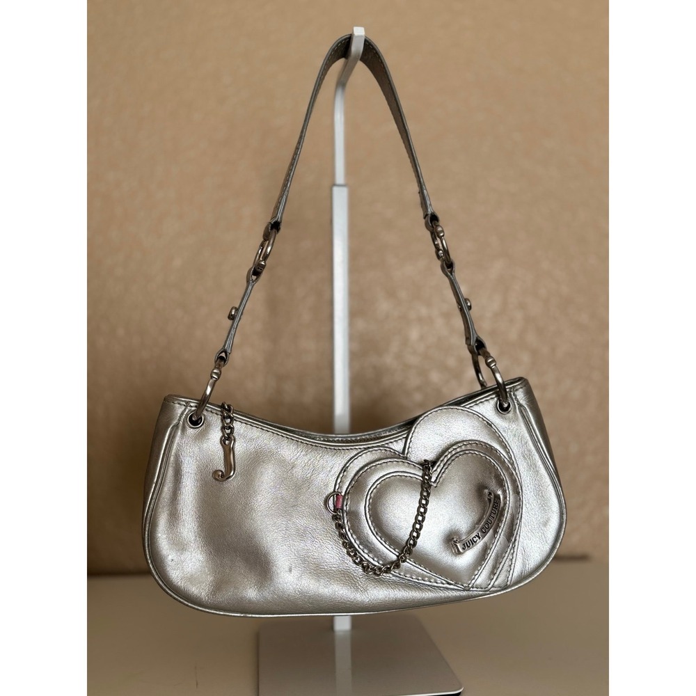 Juicy Couture Metallic Silver Heart Baguette Shoulder Bag Y2K McBling Mirror
